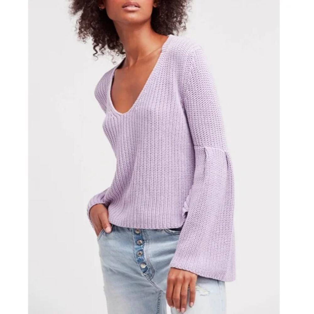 Free People sz S purple knit bell sleeve 100% cotton‎ sweater NWOT